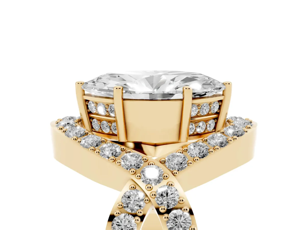 Marquise Cut Solitaire Twist Band Pavé Diamond Engagement Ring Yellow gold