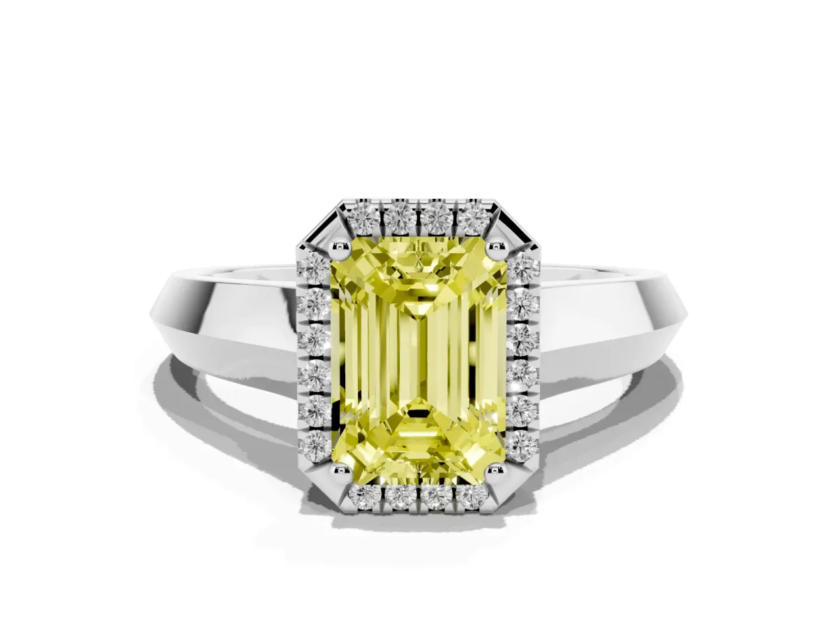 Fancy Yellow Emerald Cut Halo Diamond Ring with Cathedral Band and Four-Prong Setting White gold