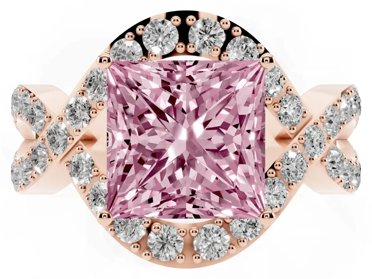 Fancy Pink Princess Cut Solitaire Twist Band Pavé Diamond Engagement Ring Rose gold