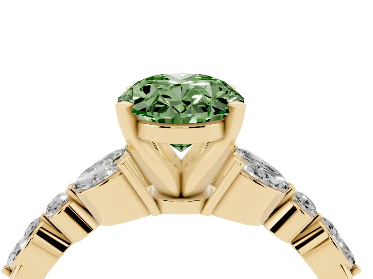 Fancy Green Oval Cut Diamond Solitaire Ring with Side Stones and Four-Prong Setting Yellow gold
