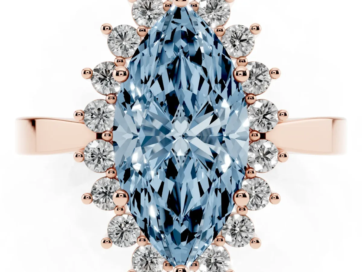 Fancy Blue Marquise Cut Cut Diamond Halo Ring with Round Brilliant Halo and Solitaire Band Rose gold