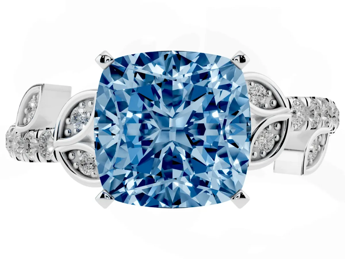 Fancy Blue Cushion Cut Solitaire Leaf-Inspired Diamond Ring with Pavé Band and Four-Prong Setting Silver