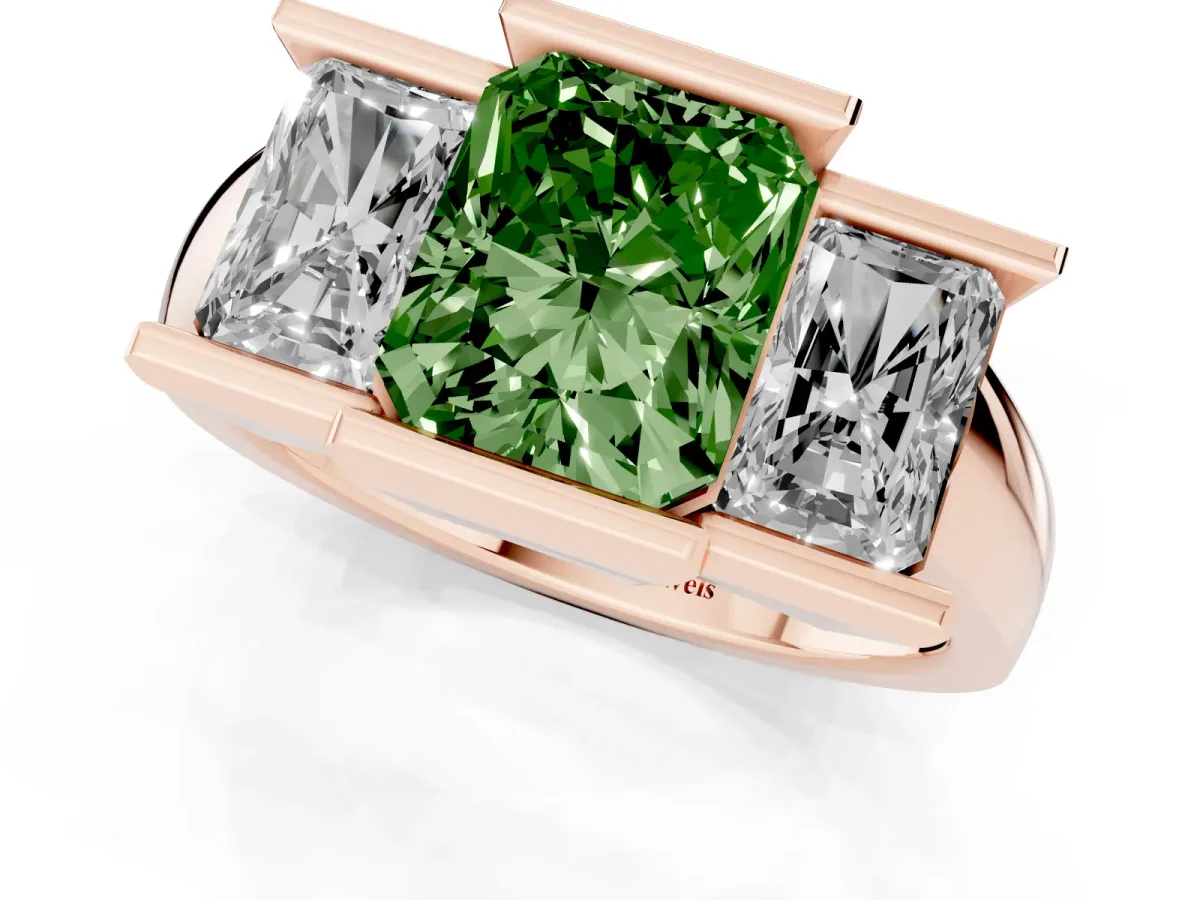 Fancy Green Three Stone Radiant Cut Cut Channel Set Diamond Ring Rose gold