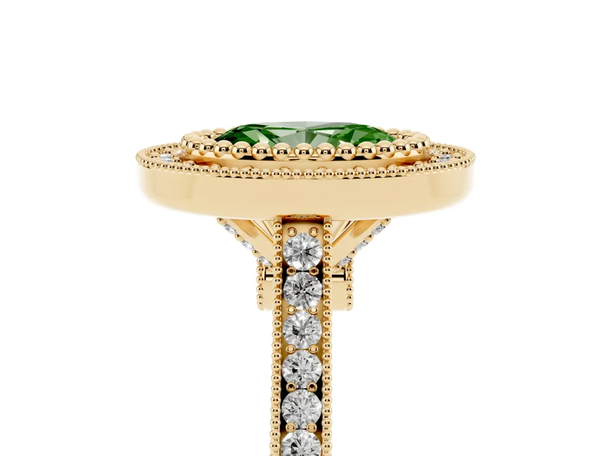Fancy Green Oval Cut Diamond Halo Ring with Milgrain Frame and Pavé Band Yellow gold