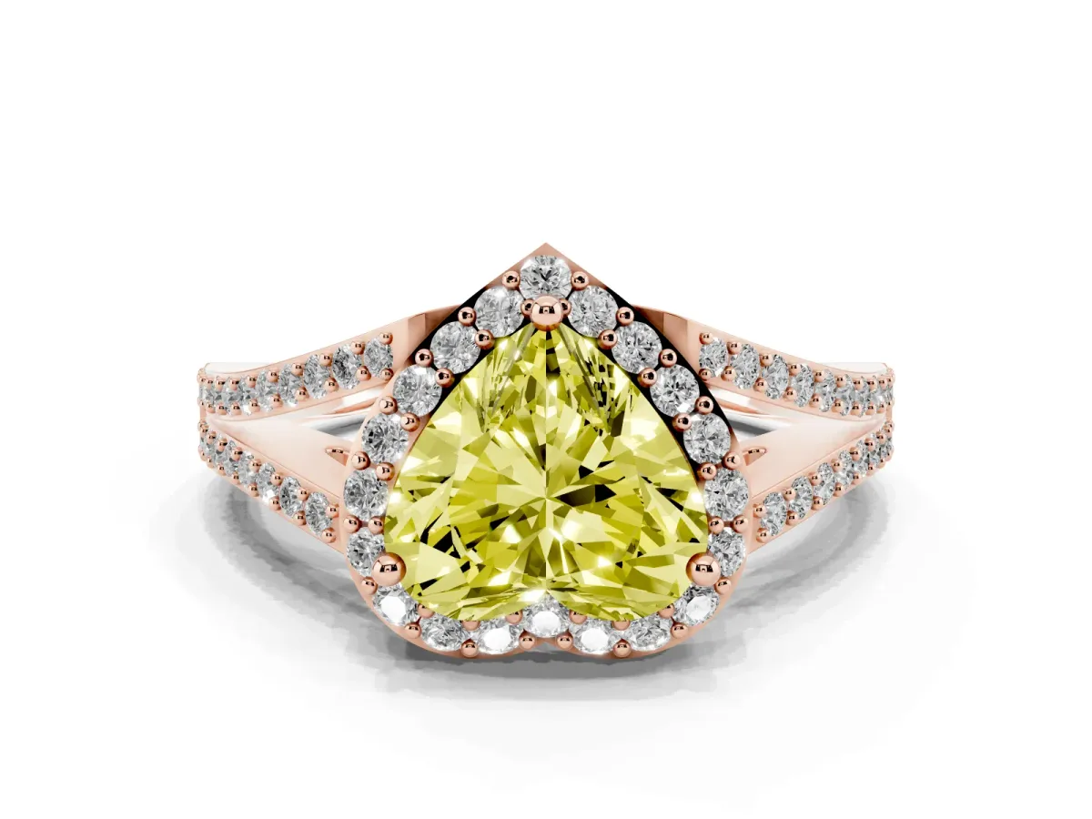 Fancy Yellow Heart Cut Halo Split Shank Pave Diamond Ring with Four-Prong Setting Rose gold