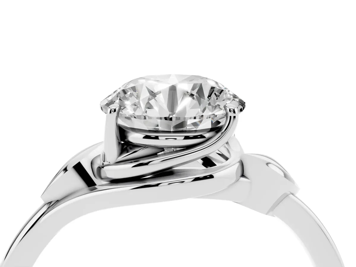 Round Cut Diamond Solitaire Ring with Twist Band and Four-Prong Setting Silver
