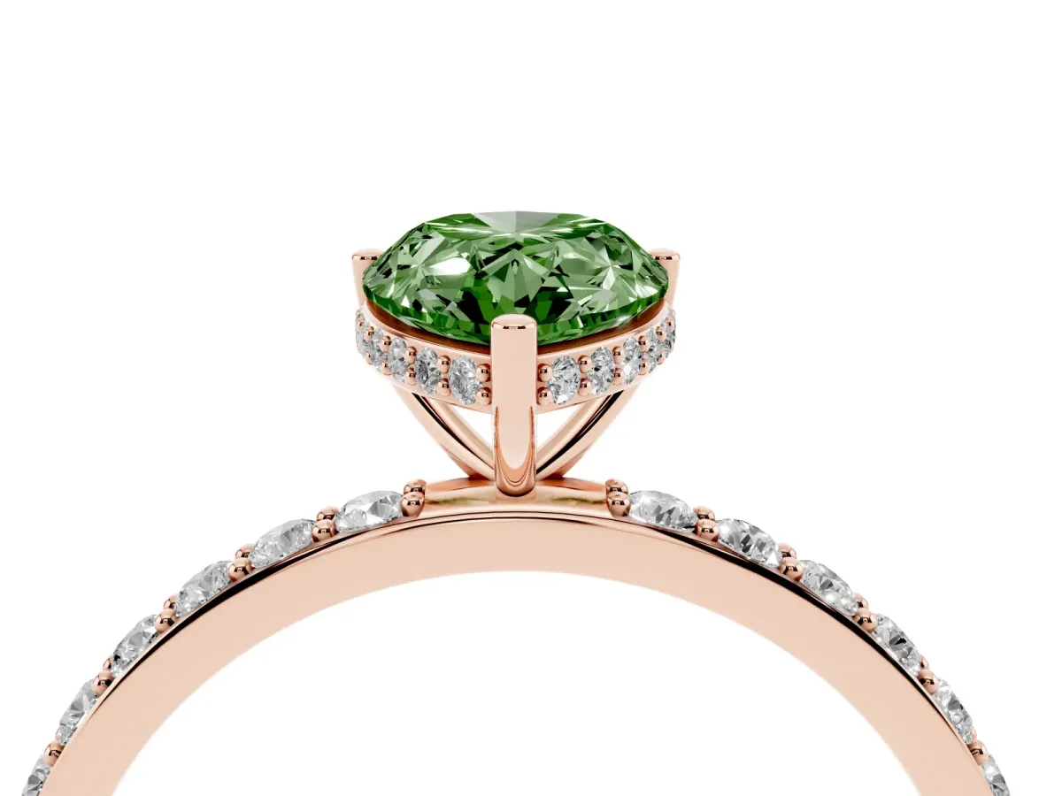 Fancy Green Pear Cut Diamond Solitaire Ring with Pavé Band and Hidden Halo Rose gold