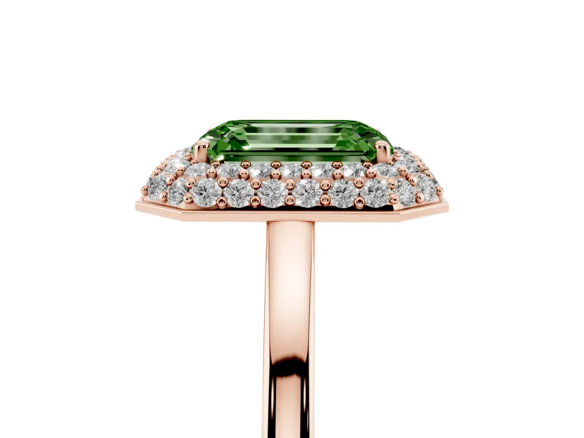 Fancy Green Emerald Cut Halo Diamond Engagement Ring with Solitaire Band and Four-Prong Setting Rose gold