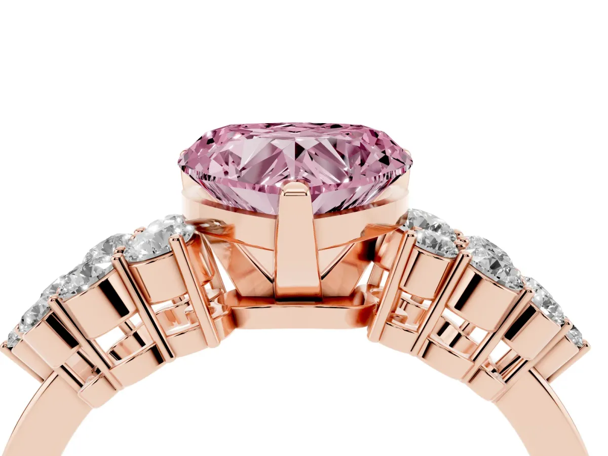Fancy Pink Heart Cut Cluster Diamond Engagement Ring with Pavé Band and Four-Prong Setting Rose gold