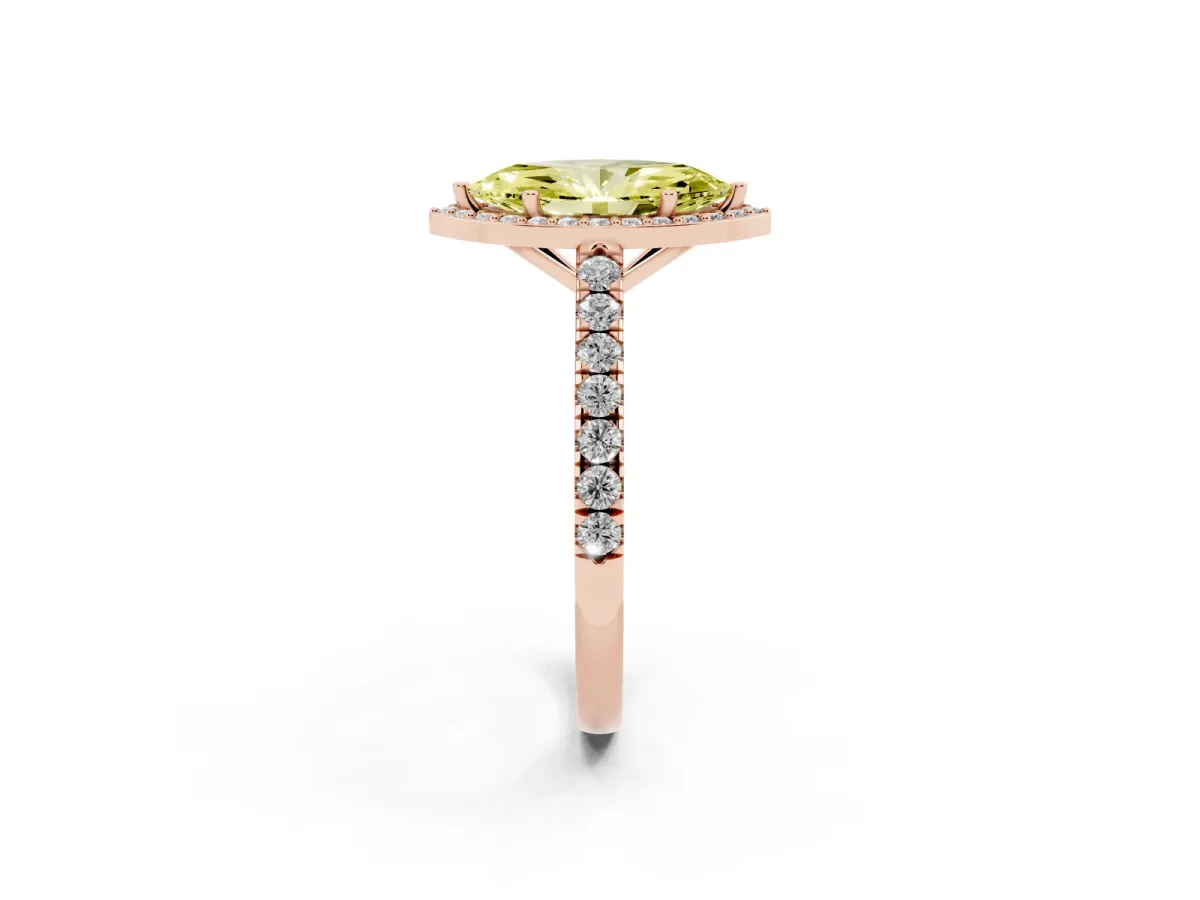 Fancy Yellow Marquise Cut Cut Halo Diamond Engagement Ring with Pave Band and Four-Prong Setting Rose gold