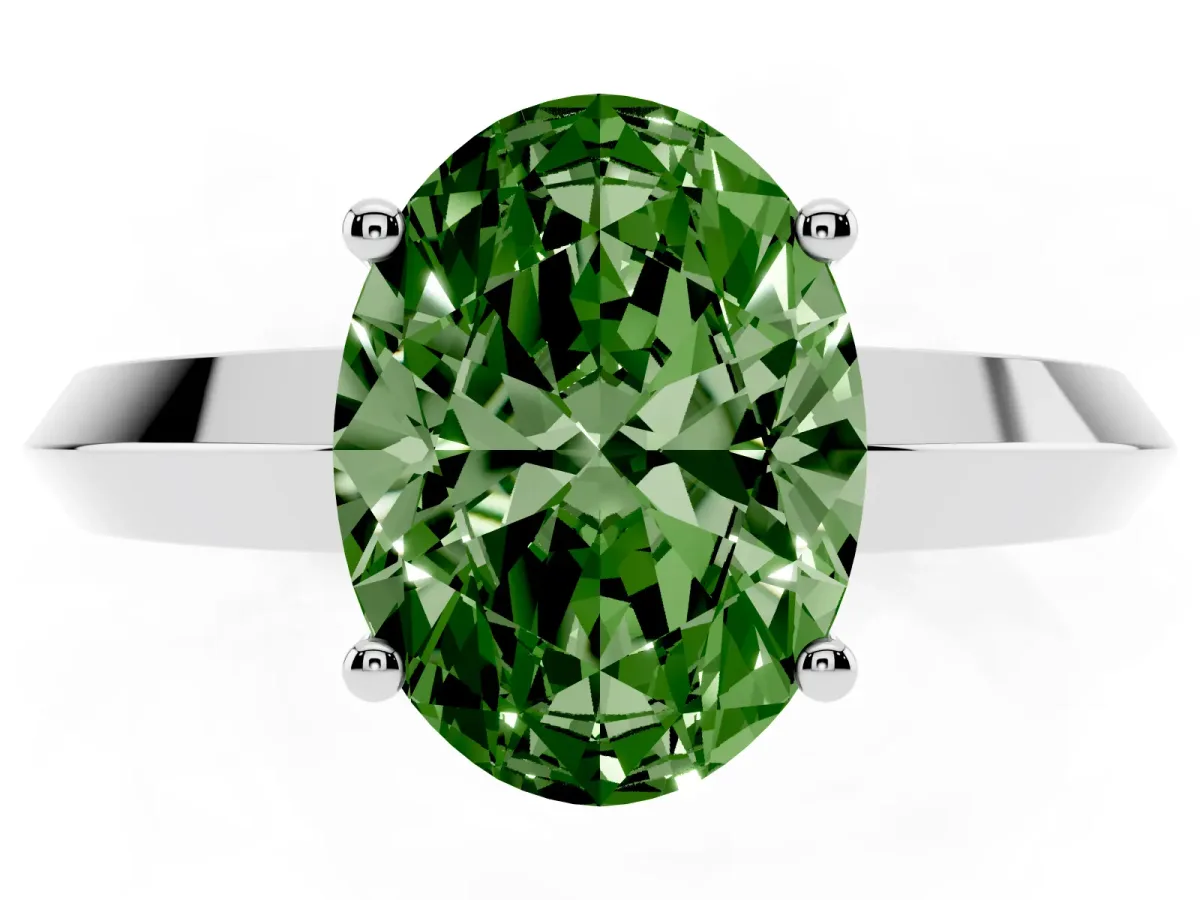 Fancy Green Oval Cut Cut Solitaire Engagement Ring with Flat Band and Four-Prong Setting White gold