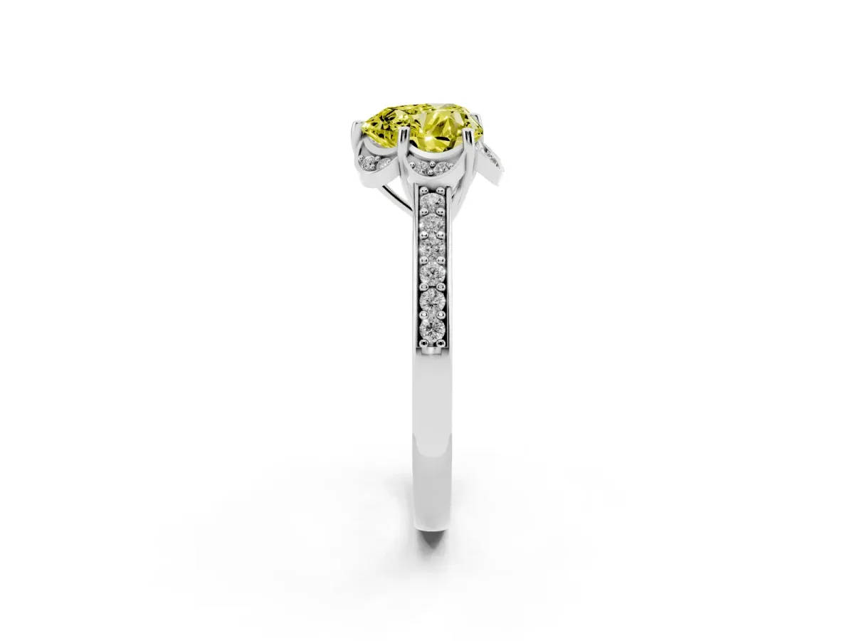 Fancy Yellow Heart Cut Cut Halo Diamond Ring with Channel Set Band and Four-Prong Setting White gold