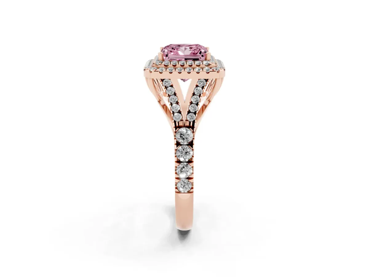Fancy Pink Double Halo Princess Cut Diamond Split Shank Engagement Ring with Four-Prong Setting Rose gold