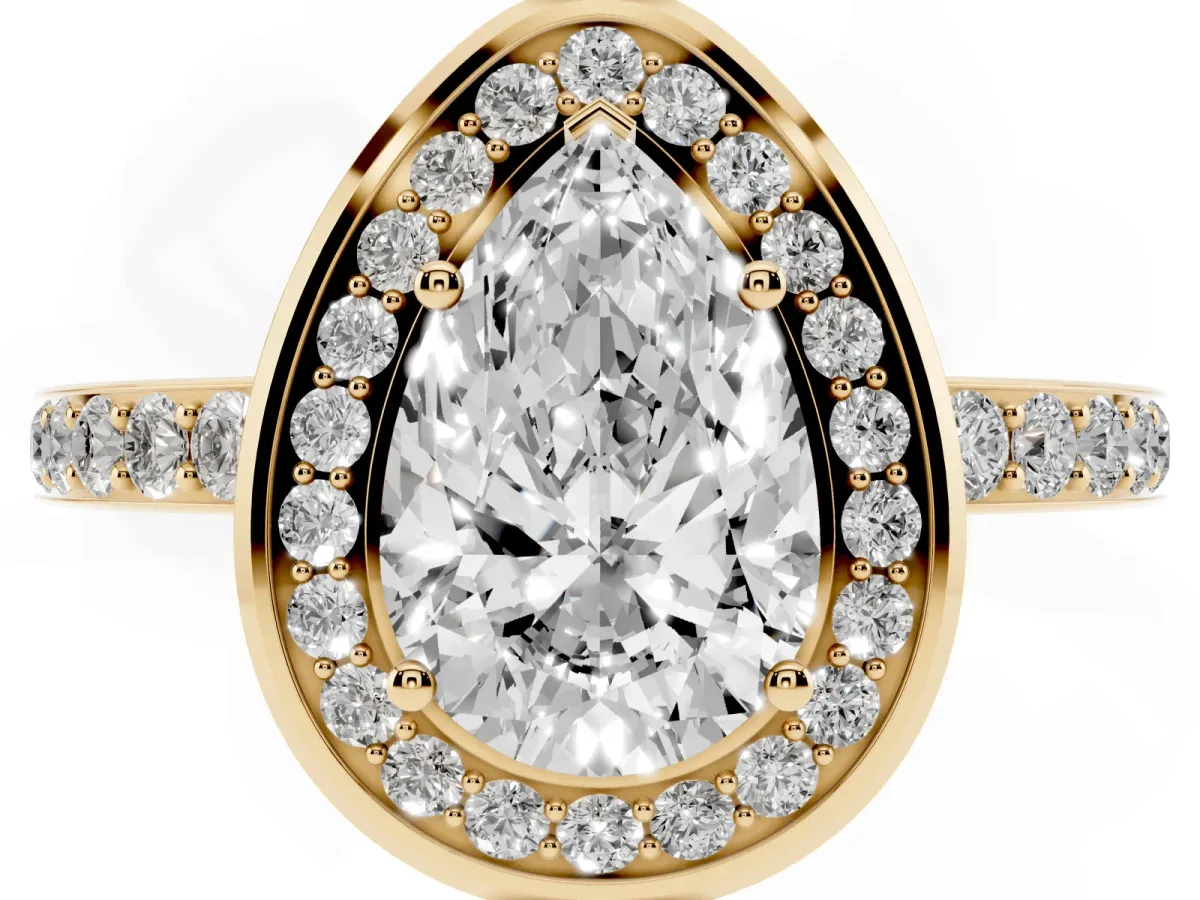 Pear Cut Diamond Halo Ring with Bezel Frame and Pavé Band Yellow gold