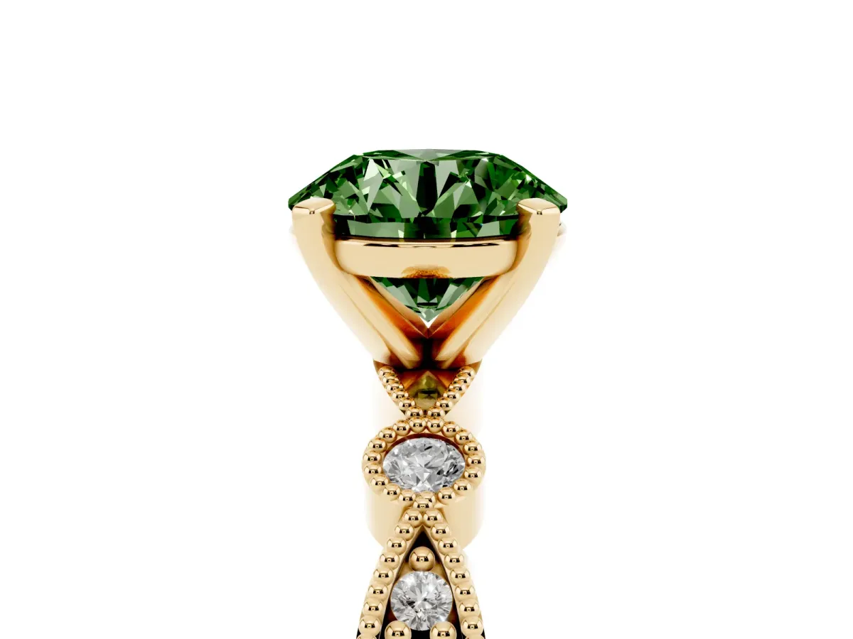 Fancy Green Round Cut Milgrain Bezel Diamond Engagement Ring with Solitaire Prong Setting Yellow gold
