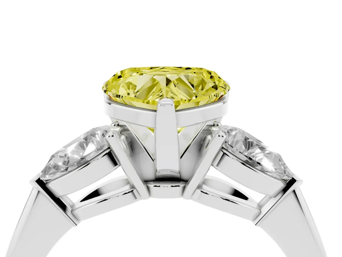 Fancy Yellow Three-Stone Heart Cut Diamond Ring with Pear Side Stones and Four-Prong Setting Silver
