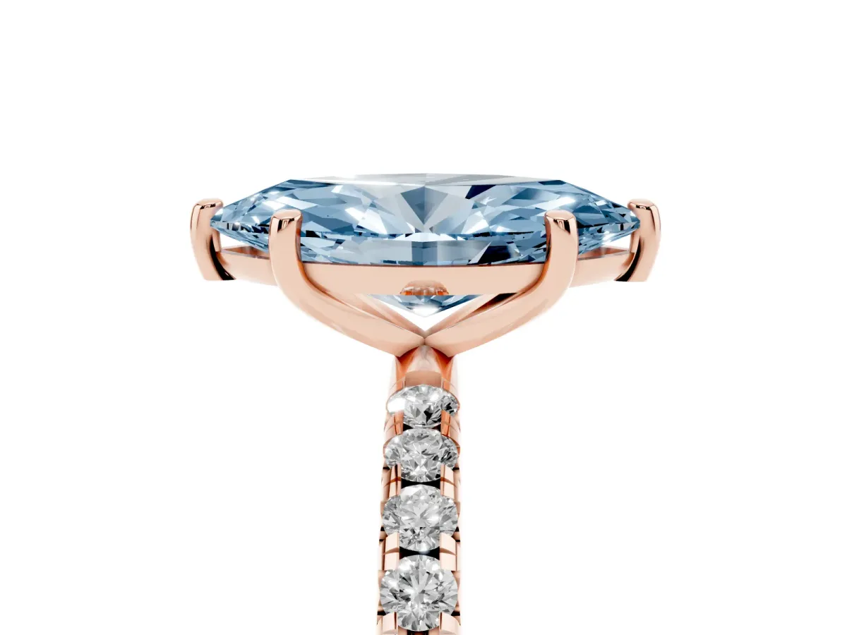 Fancy Blue Marquise Cut Cut Diamond Solitaire Ring with Micro Pave Band and Four Prong Setting Rose gold