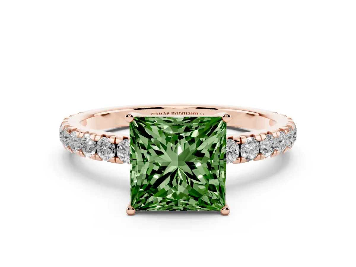 Fancy Green Princess Cut Diamond Pavé Solitaire Engagement Ring with Four-Prong Setting Rose gold