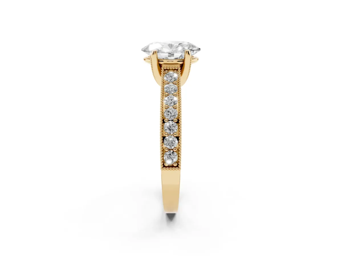 Oval Cut Cut Diamond Solitaire Ring with Milgrain Pave Band and Four Prong Setting Yellow gold