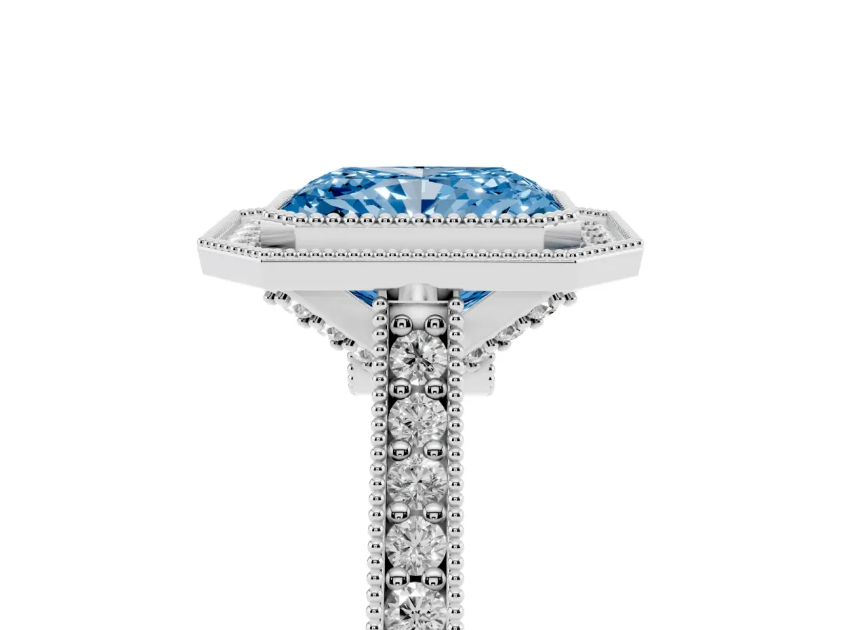 Fancy Blue Halo Radiant Cut-Cut Diamond Pave Band Milgrain Prong Setting Ring Silver