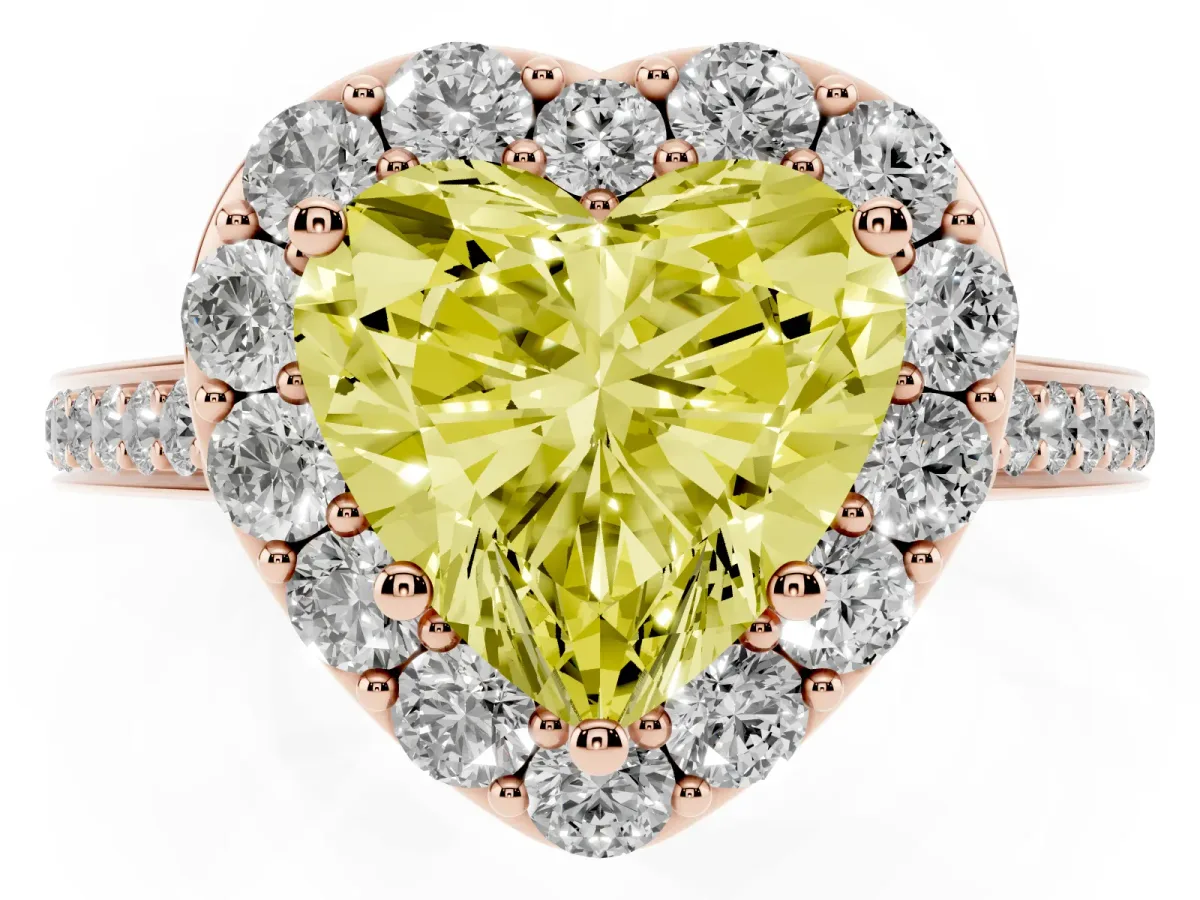 Fancy Yellow Heart Cut Diamond Floral Halo Ring with Pavé Band and Prong Setting Rose gold