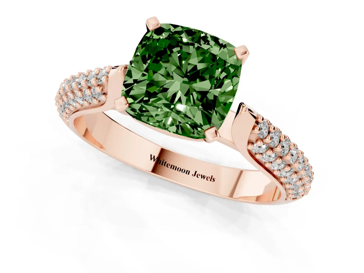 Fancy Green Cushion Cut Diamond Solitaire Engagement Ring with Multi-Row Round Pavé Band and Prong Setting Rose gold