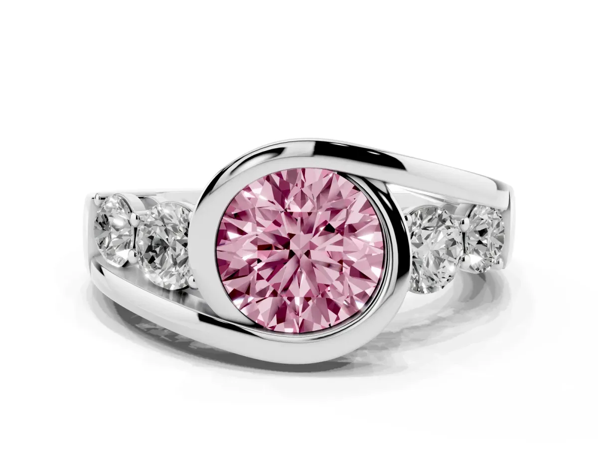 Fancy Pink Bezel Set Round Cut Diamond Bypass Ring with Round Accents Silver