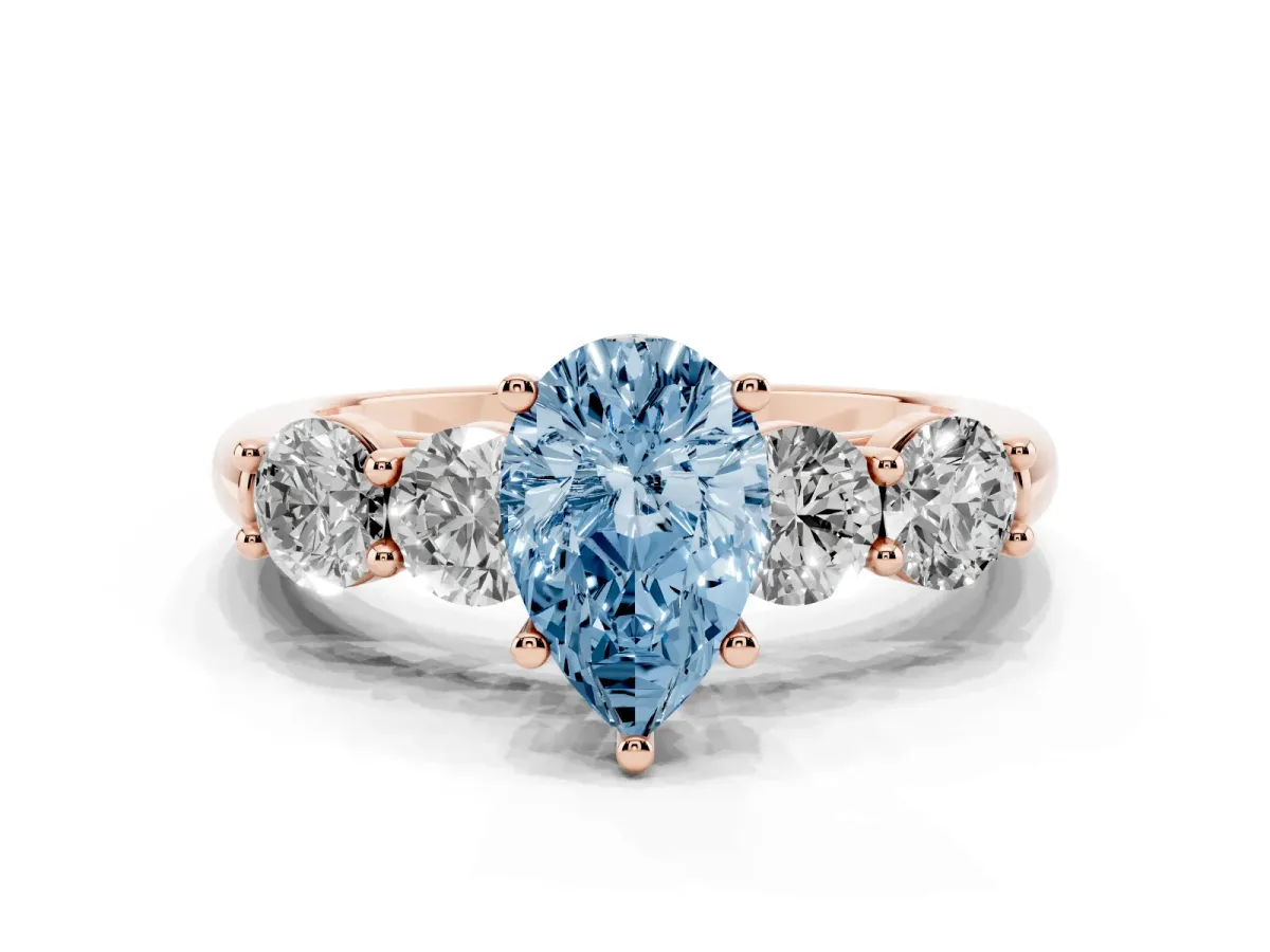 Fancy Blue Pear Cut Cut Five-Stone Prong Set Diamond Ring with Classic Band Rose gold
