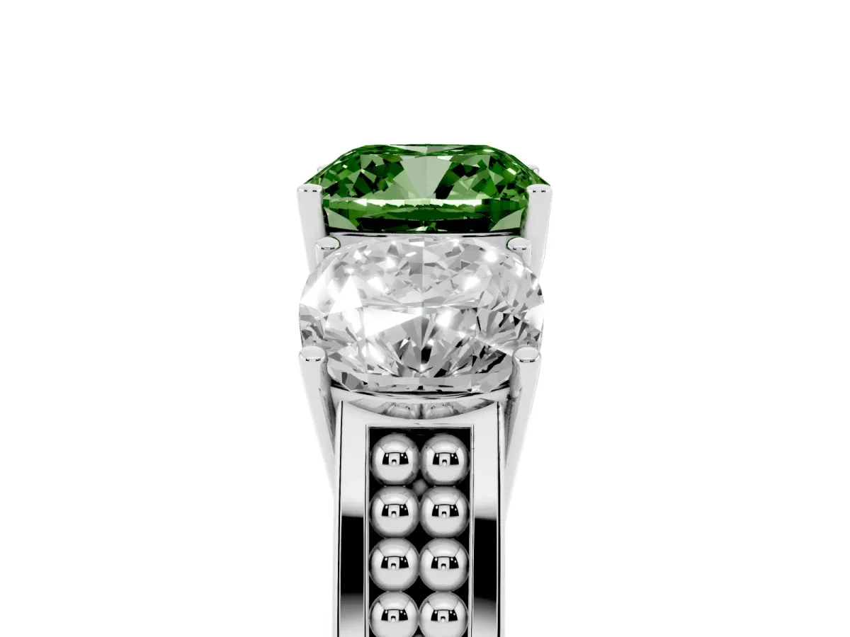 Fancy Green Cushion Cut Diamond Three-Stone Ring with Prong Setting and Textured Band Silver