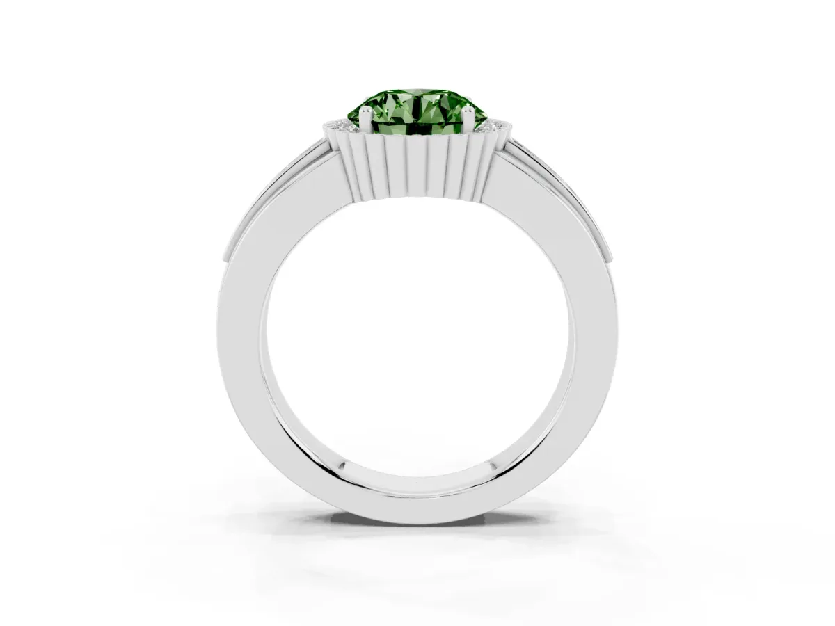 Fancy Green Round Cut Cut Halo Pave Band Four-Prong Ring Platinum