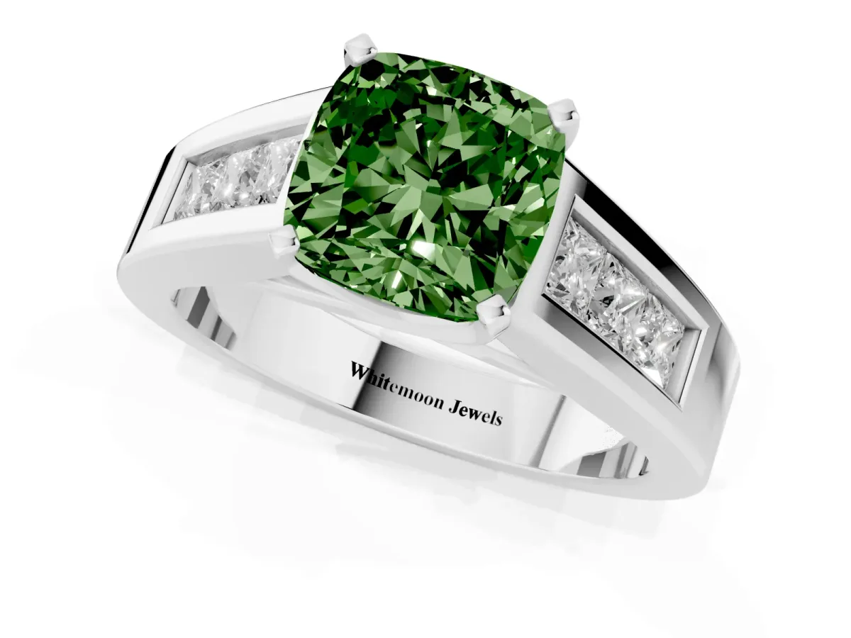 Fancy Green Cushion Cut Cut Channel Set Solitaire Ring with Four-Prong Setting Platinum