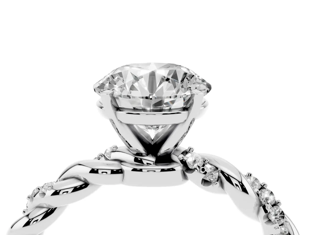 Round Cut Diamond Solitaire Ring with Twisted Band and Pavé Accents White gold
