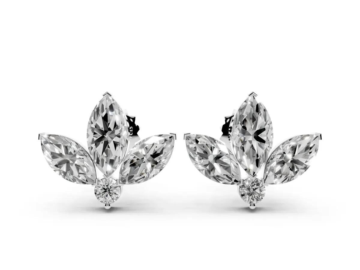Marquise Cluster Stud Earrings with Round Prong Setting White gold