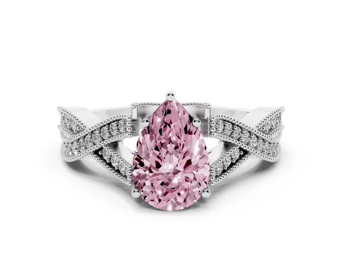 Fancy Pink Pear Cut Cut Diamond Twisted Band with Milgrain Pave Setting and Four-Prong Setting Silver