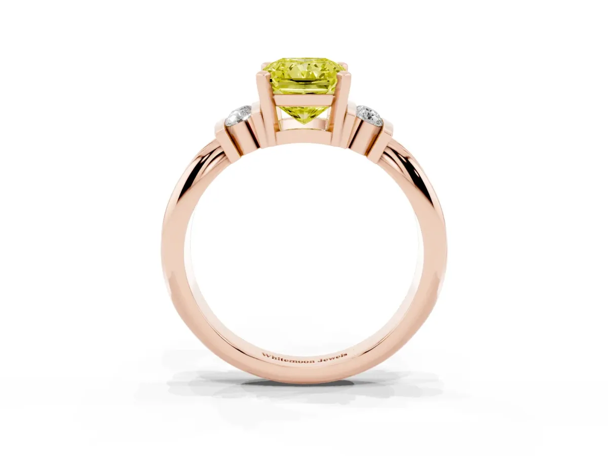 Fancy Yellow Radiant Cut Cut Three-Stone Channel Set Ring with Bar Prongs Rose gold
