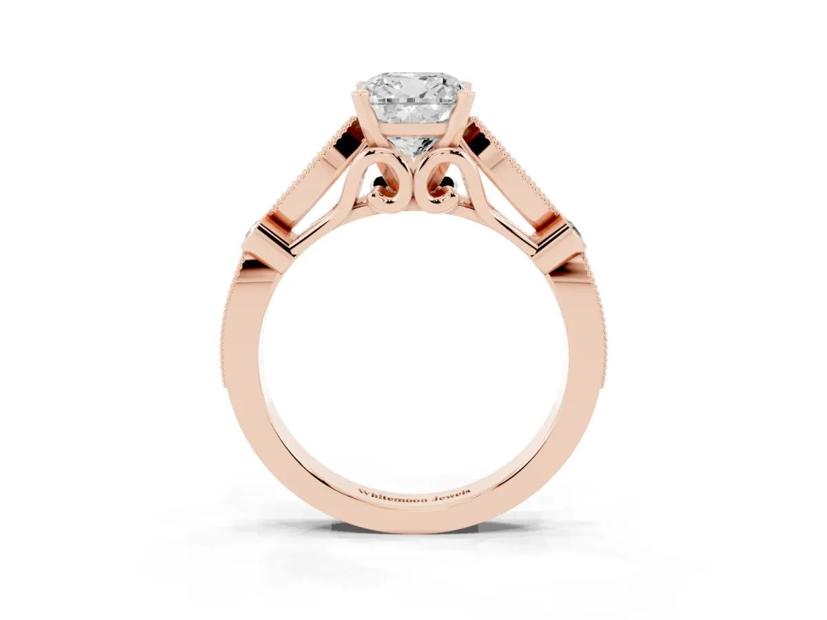 Cushion Cut Cut Diamond with Milgrain Marquise and Bezel Accents on a Solitaire Band with Prong Setting Rose gold
