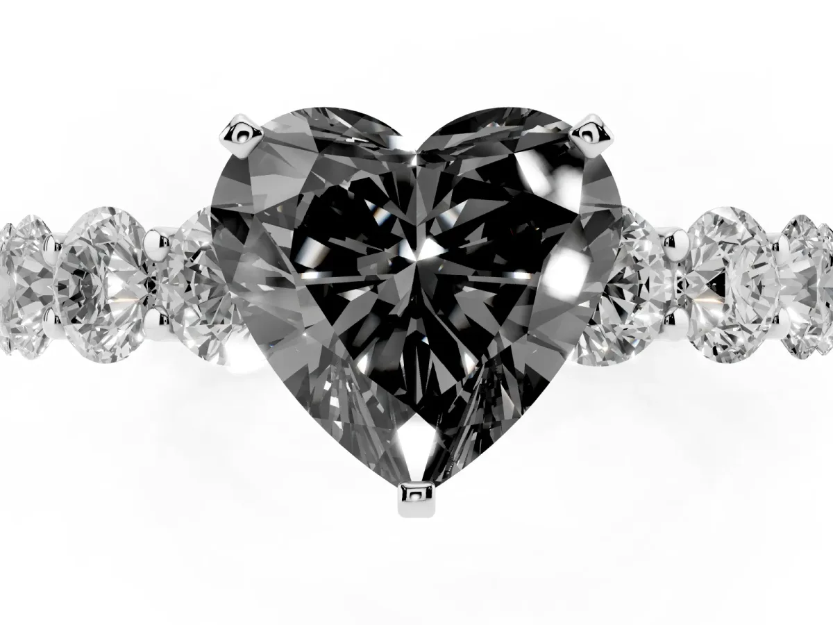 Fancy Black Heart Cut Diamond Prong Setting with Side Stones on a Pave Band Silver