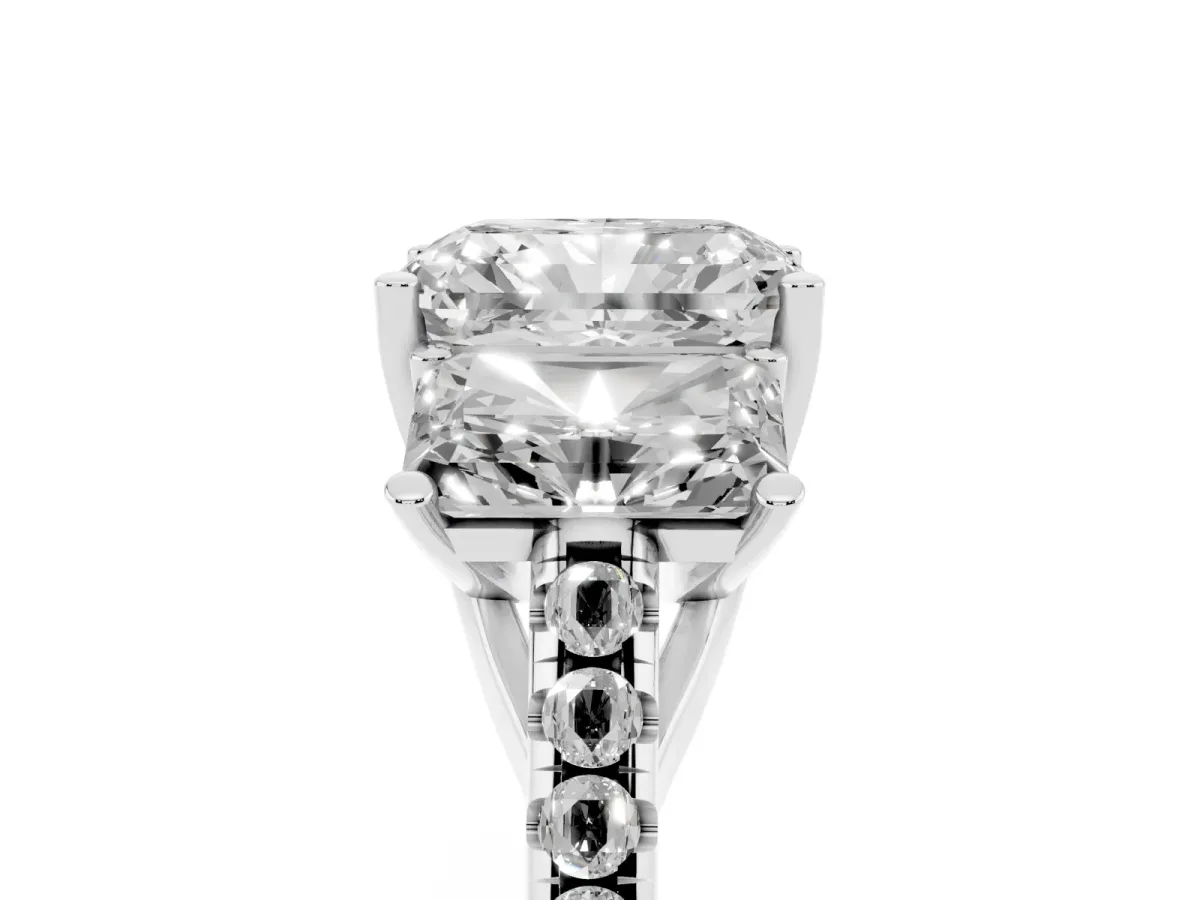 Three-Stone Radiant Cut Diamond Ring with Round Pavé Band and Prong Setting Silver