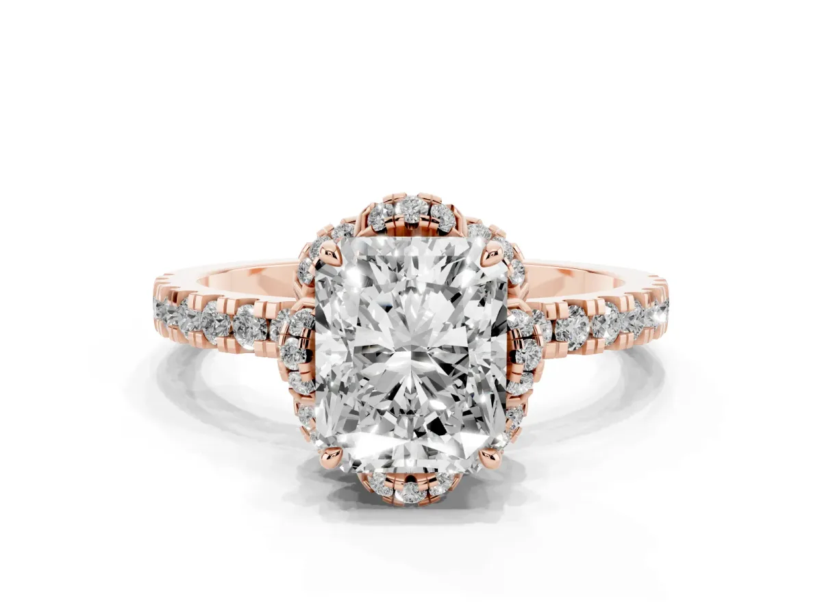 Radiant Cut Halo Diamond Pave Band Ring with Four-Prong Setting Rose gold