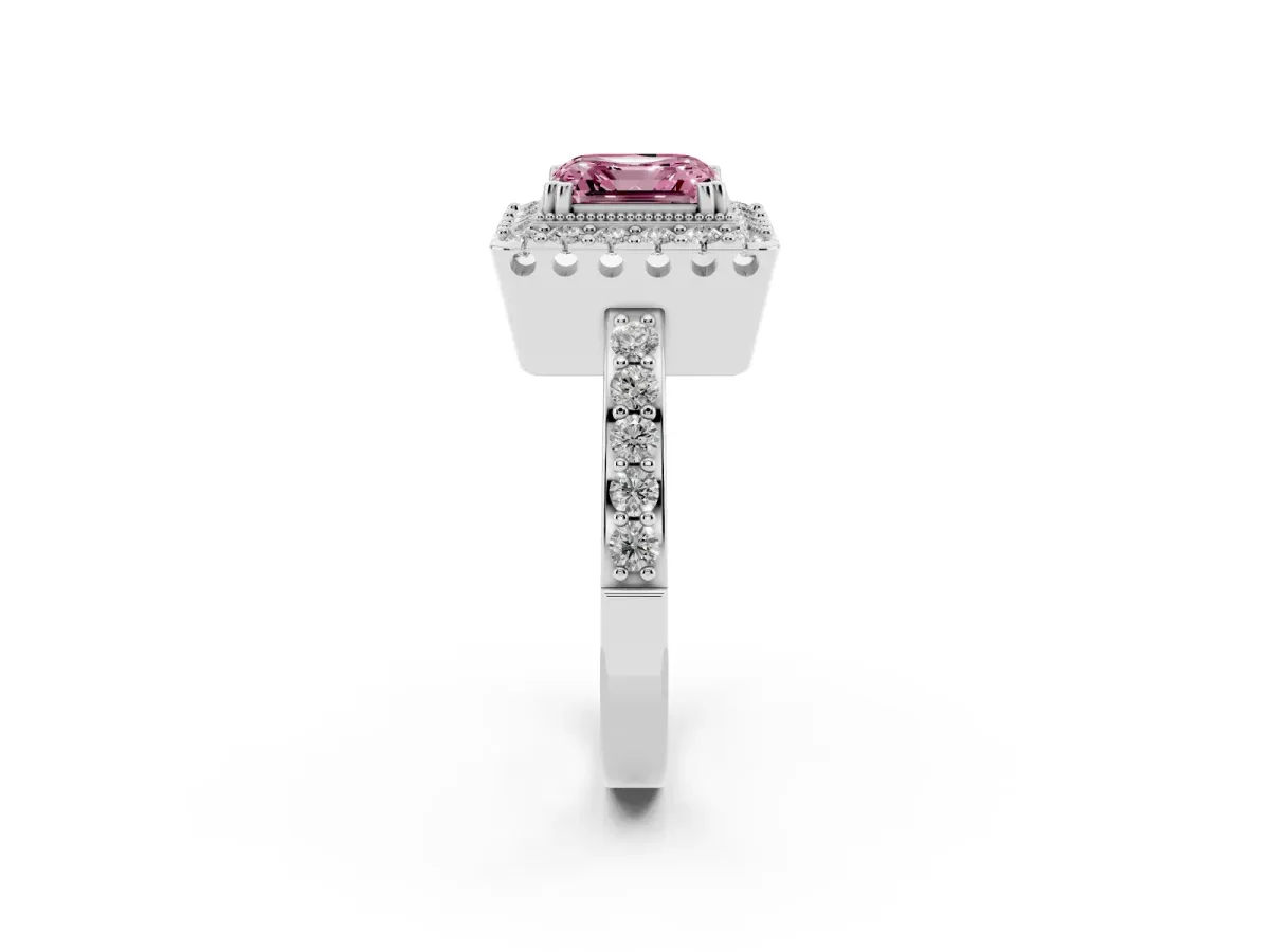 Fancy Pink Asscher Cut Diamond Halo Ring with Pavé Band and Prong Setting Silver