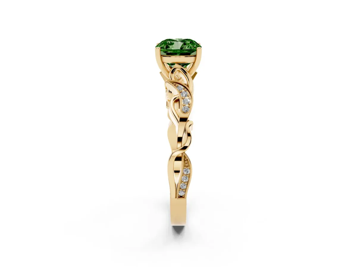 Fancy Green Cushion Cut Solitaire Vine Band with Milgrain Prong Setting Yellow gold