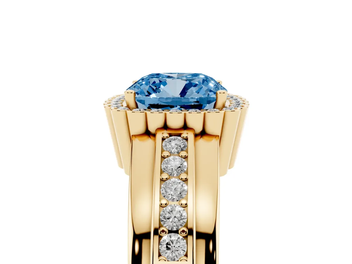 Fancy Blue Cushion Cut Cut Halo Pave Band Four-Prong Ring Yellow gold