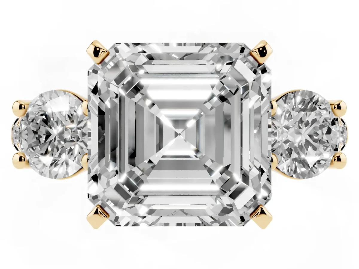 Three-Stone Asscher Cut Diamond Pavé Band with Four-Prong Setting Yellow gold