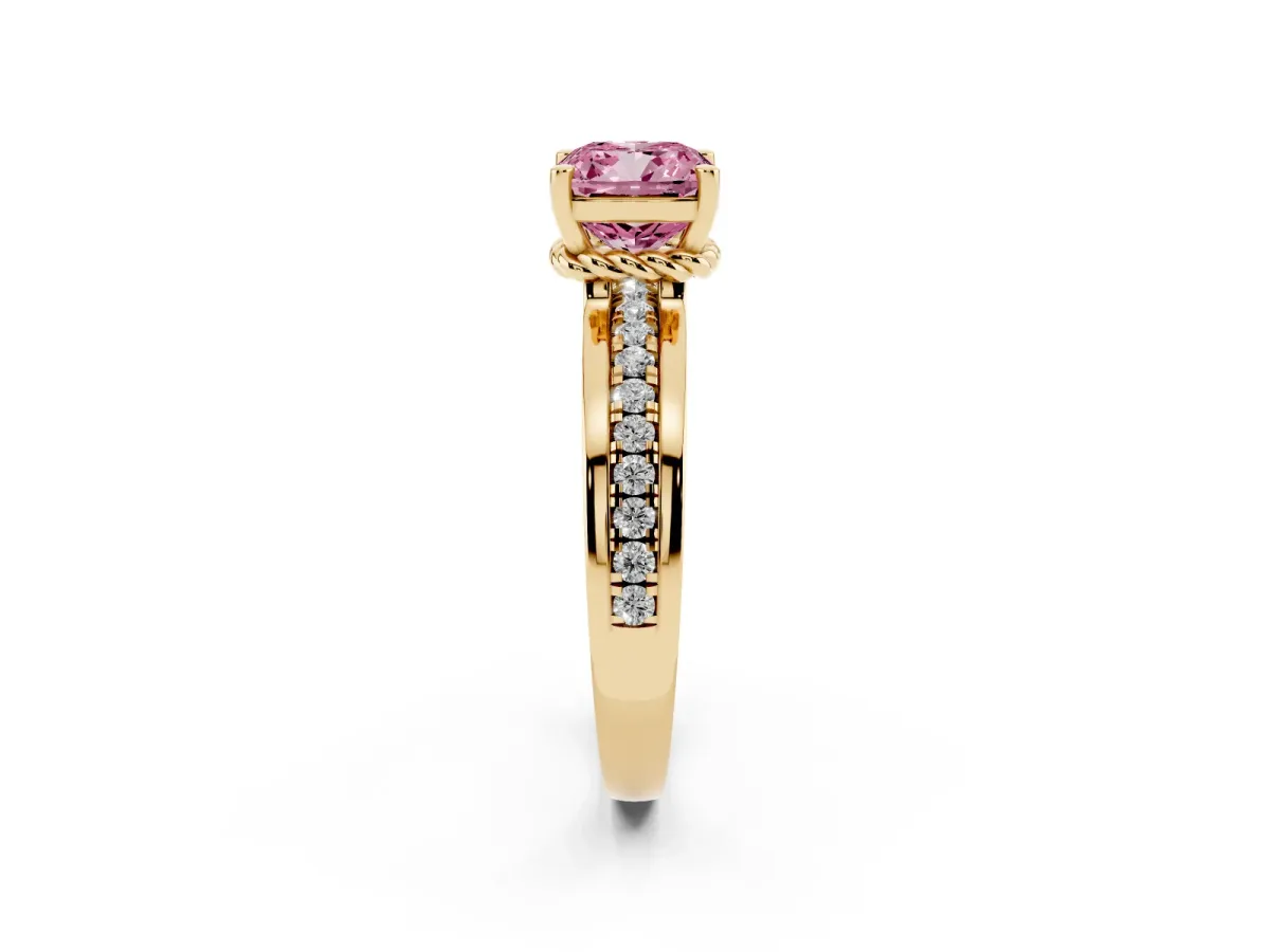 Fancy Pink Cushion Cut Solitaire Diamond Ring with Channel Set Band and Six-Prong Setting Yellow gold