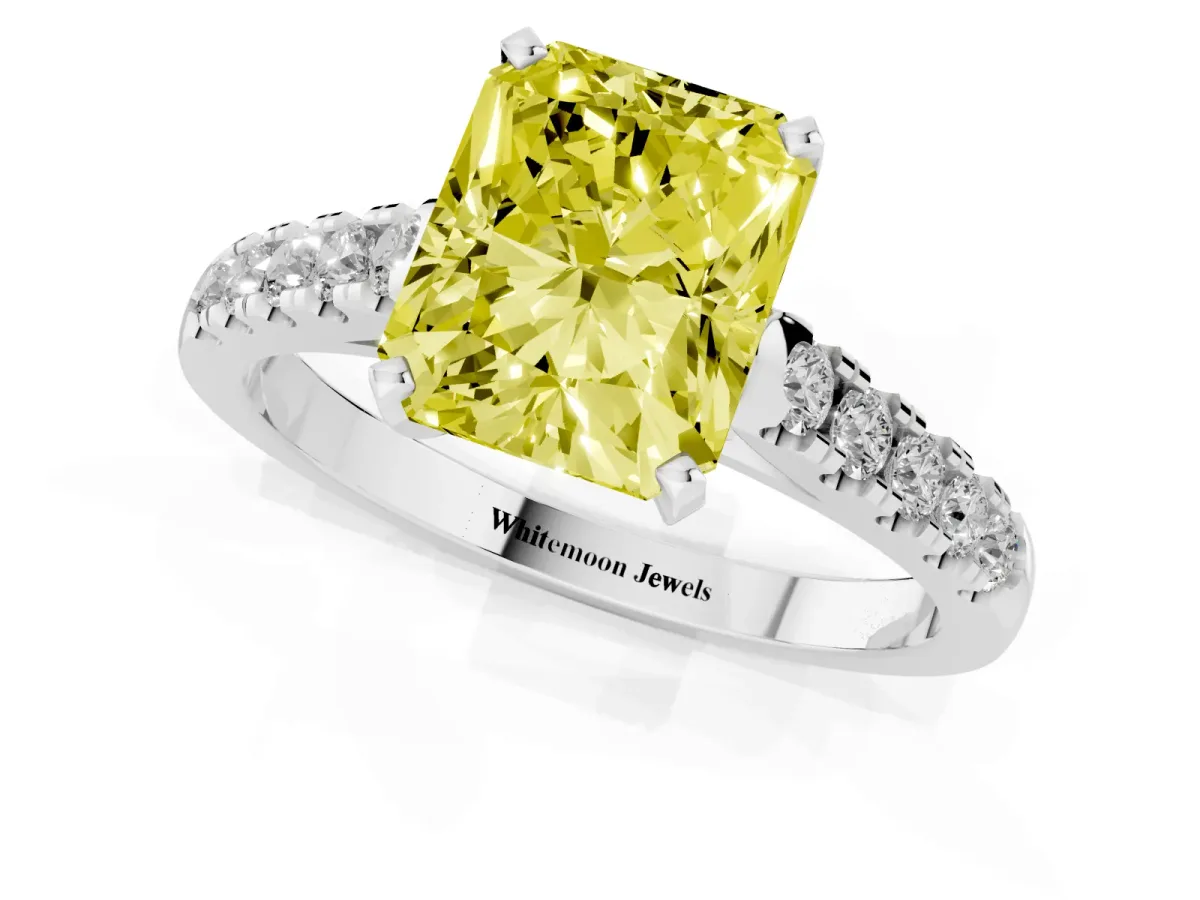 Fancy Yellow Radiant Cut Diamond Pavé Band Solitaire Ring with Prong Setting Silver