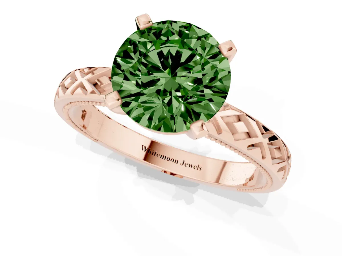 Fancy Green Round Cut Solitaire Diamond Ring with Milgrain and Black Enamel X Pattern Band Rose gold