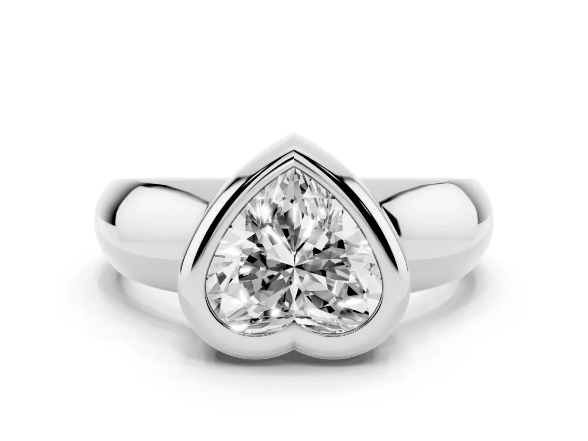 Bezel Set Heart Cut Solitaire Ring with Wide Band Platinum