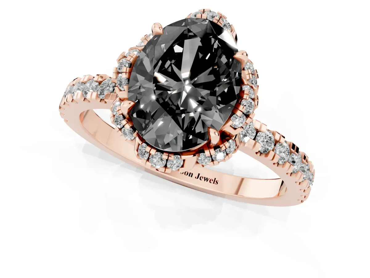 Fancy Black Oval Cut Diamond Halo Pave Band with Four-Prong Setting Rose gold