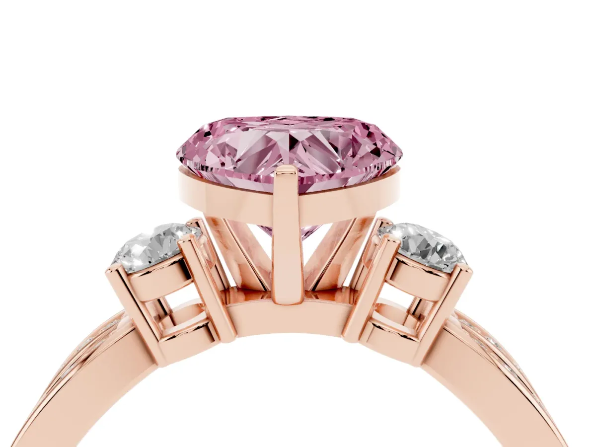 Fancy Pink Three-Stone Heart Cut Cut Diamond Twist Band with Prong Setting Rose gold