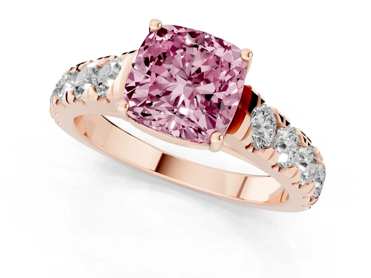 Fancy Pink Cushion Cut Cut Diamond Solitaire Ring with Micro Pave Band and Prong Setting Rose gold